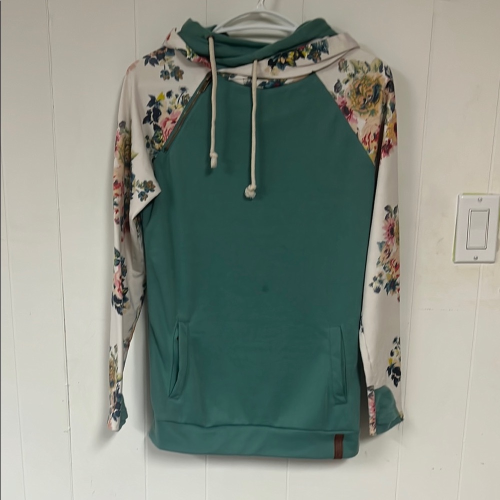 Floral Sleeve Teal Hoodie